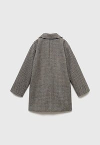 Manteau à motif pied-de-poule en gris et noir. Présente un col à revers, des manches longues et une coupe décontractée. Tissu texturé de poids moyen.