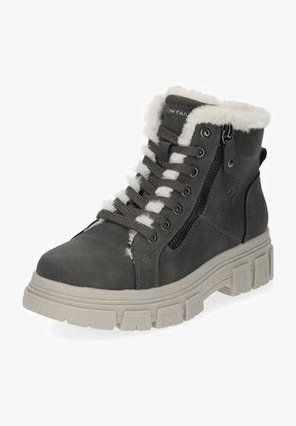 Botte d'hiver à lacets gris foncé avec doublure en fourrure blanche, fermeture éclair latérale, semelle épaisse beige et design montant à la cheville pour temps froid.