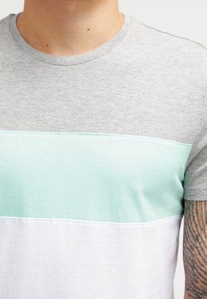 Szara bawełniana koszulka z poziomymi paskami w miętowym kolorze i bieli. Klasyczny dekolt okrągły, krótki rękaw oraz gładka tekstura.