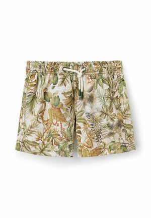 Costume da bagno uomo con stampa di foglie tropicali verdi e marroni e vita con coulisse bianca.