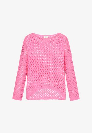 Helderroze gebreide trui met een losse, open weving, lange mouwen en een relaxte pasvorm, met een bootnek en ribbelzoom.