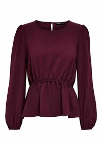 Bordeaux långärmad blus med rund halsringning, elastisk midja och peplumslut; tillverkad av en texturerad tyg med en subtil glans.