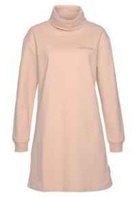 Langärmliges Kleid mit Rollkragen aus weichem, hellrosa Stoff. Mit lockerer Passform und gesticktem Markenlogo auf der Brust. Mittlere Oberschenkellänge.