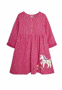 Lange mouw roze jurk met witte stippen, knoopdetail bij de hals en geborduurde eenhoorn met bloemdetaillering op de rok.
