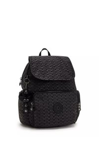 Black backpack with geometric pattern, soft fabric, flap closure, front zip pocket, and charm keychain accent. Features a top handle and adjustable straps.
