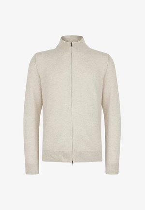 Ljusbeige zip-up tröja med hög krage, ribbstickade muddar och fåll. Tillverkad av mjukt stickat material med en slät yta.