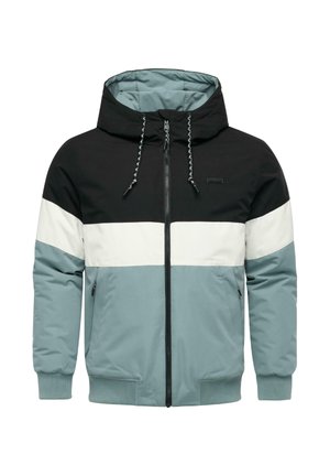Hoodie met zwarte, witte en lichtblauwe panelen, ritssluiting, elastische manchetten en een verstelbare capuchon. Gemaakt van glad, lichtgewicht stof.