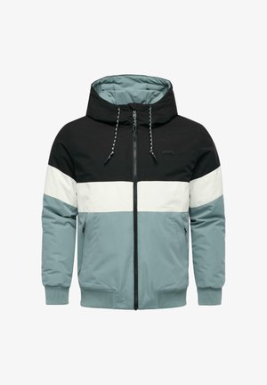 Hooded jacket featuring black, white, and light blue panels, zip closure, elastic cuffs, and a drawstring hood. Made of smooth, lightweight fabric.