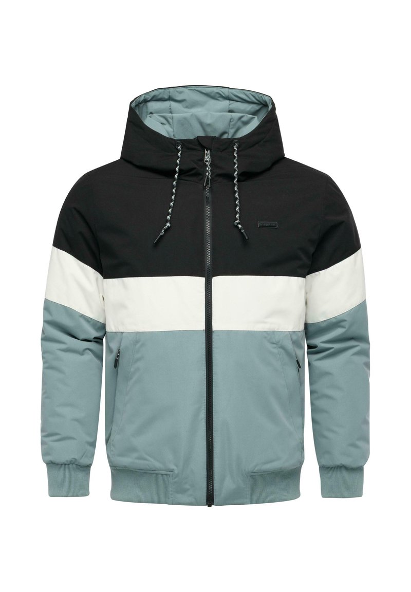 Hooded jacket featuring black, white, and light blue panels, zip closure, elastic cuffs, and a drawstring hood. Made of smooth, lightweight fabric.
