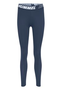 Leggings blu realizzati in tessuto elastico, con una vita bianca con il logo "HUMMEL", progettati per il comfort e la flessibilità.