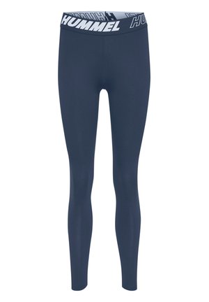 Leggings navy en tissu extensible, dotés d'une taille blanche avec le logo "HUMMEL", conçus pour le confort et la flexibilité.