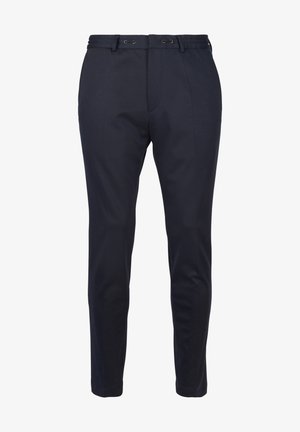 Navyblauwe broek met een slim fit, gemaakt van een lichtgewicht stof. Kenmerkt zich door een zachte textuur, voorplooien en twee decoratieve koordjes in de taille.