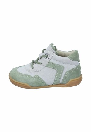 Children's shoes made of smooth and textured green and gray suede. Features a rubber sole, round laces, and a silver eyelet detail.