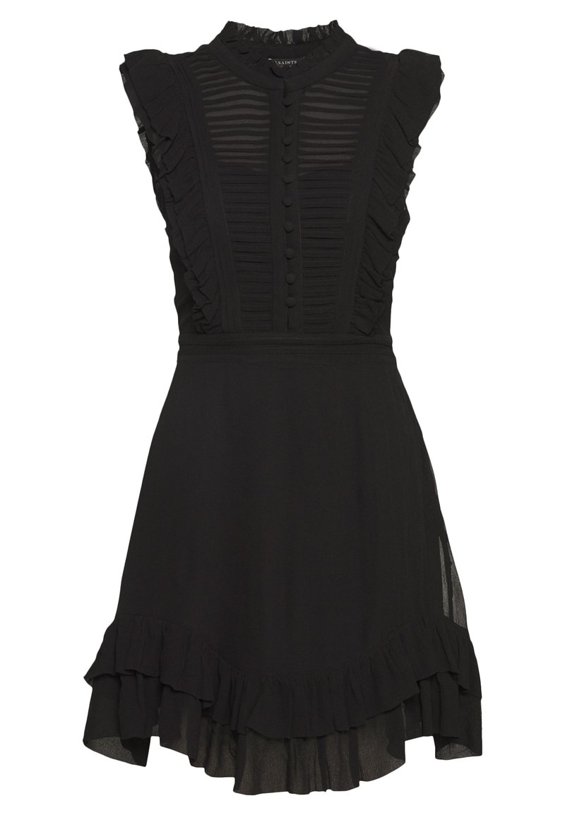 Abito nero con maniche volant, collo alto e chiusura frontale con bottoni. La gonna presenta un orlo a balze tiered e pannelli trasparenti ai lati.