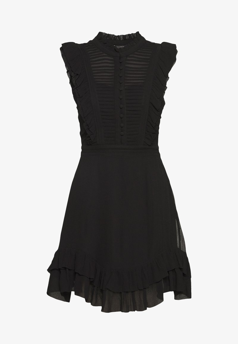 Abito nero con maniche volant, collo alto e chiusura frontale con bottoni. La gonna presenta un orlo a balze tiered e pannelli trasparenti ai lati.