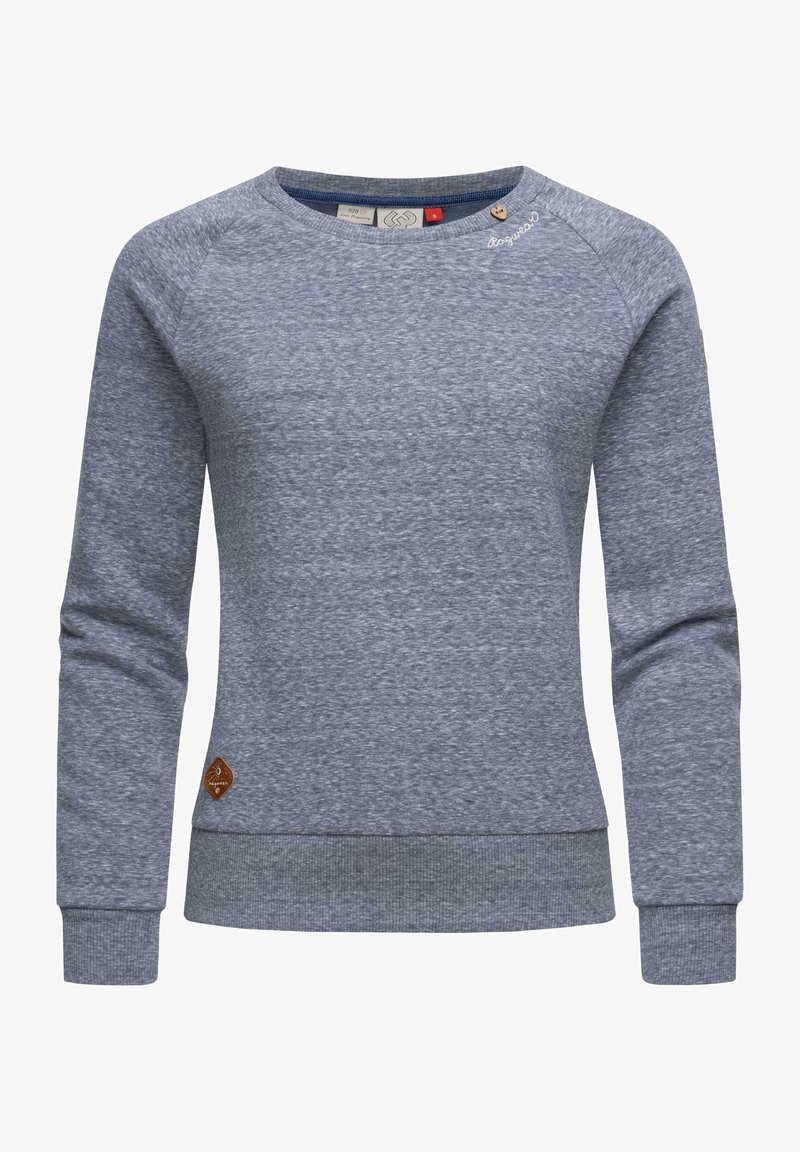 Sudadera gris jaspeada con mangas largas, cuello redondo, puños y dobladillo acanalados. Presenta un pequeño logo y un detalle de cuero marrón cerca del dobladillo.