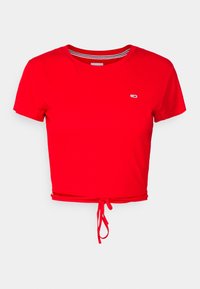 Top corto de manga corta rojo brillante con cuello redondo y cordón ajustable en el dobladillo inferior, pequeño logo en el lado izquierdo del pecho.