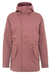 Veste de pluie mauve à capuche avec fermeture éclair à l'avant, boutons-pressions, cordons réglables à la capuche et à la taille, et poches à rabat.