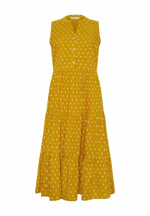 Mouwloze midi-jurk in mosterdgeel met witte rechthoekige stippen, geplooide rok, V-hals en drie knopen aan de voorkant.