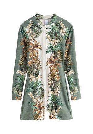 Dziecięcy jednoczęściowy kostium kąpielowy z długim rękawem, w zielono-biały tropikalny kwiatowy wzór, z przednim suwakiem i okrągłym uchwytem.