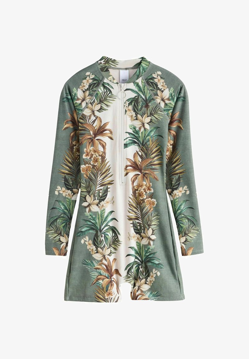 Maillot de bain une pièce à manches longues pour enfant, imprimé floral tropical vert et blanc, avec fermeture éclair frontale munie d'une tirette circulaire.