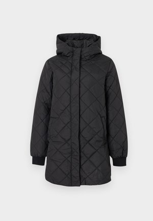 Μαύρο μπουφάν με καπιτονέ σχέδιο και κουκούλα, με φερμουάρ μπροστά, μακριά μανίκια και ελαστικές μανσέτες. Το υλικό έχει ομαλή, ανθεκτική υφή.