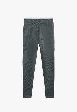 Tamno sive tajice napravljene od rastezljivog materijala s širokim pojasom, s gotovo neprimjetnom rebrastom teksturom i aerodinamičnim dizajnom.