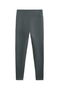 Sötétszürke leggings elasztikus anyagból, széles derékpánttal, finoman bordázott textúrával és áramvonalas kialakítással.