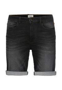 Schwarze Denim-Shorts mit umgeschlagenen Säumen, Fünf-Taschen-Design, sichtbaren Nähten und einem kleinen Logo-Akzent am Bund.