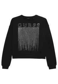 Felpa nera con maniche lunghe e design cropped, impreziosita da un motivo di strass e dalla parola "GUESS" in lettere grandi.
