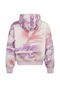 Sudadera corta de tejido suave, que presenta un degradado de tonos rosa y púrpura con un patrón gráfico estilizado. Incluye un capucho con cordón.