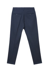 Marineblaue Hose mit schmaler Passform, ausgestattet mit zwei Gesäßtaschen mit Knöpfen und glatter Stoffstruktur. Gerades Bein-Design mit sauberen Kanten.