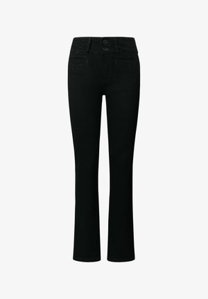 Black denim trousers with a fitted design, straight leg, two front pockets, and two back pockets, featuring a button and zipper closure.