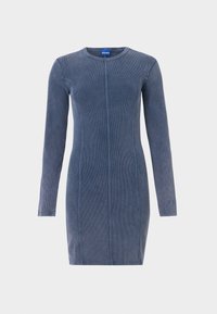 Φόρεμα με μακριά μανίκια, εφαρμοστό, από σκούρο μπλε ριμπ ύφασμα. Διαθέτει στρογγυλή λαιμόκοψη, κάθετη λεπτομέρεια με ραφή και σχέδιο λογοτύπου στο μανίκι.