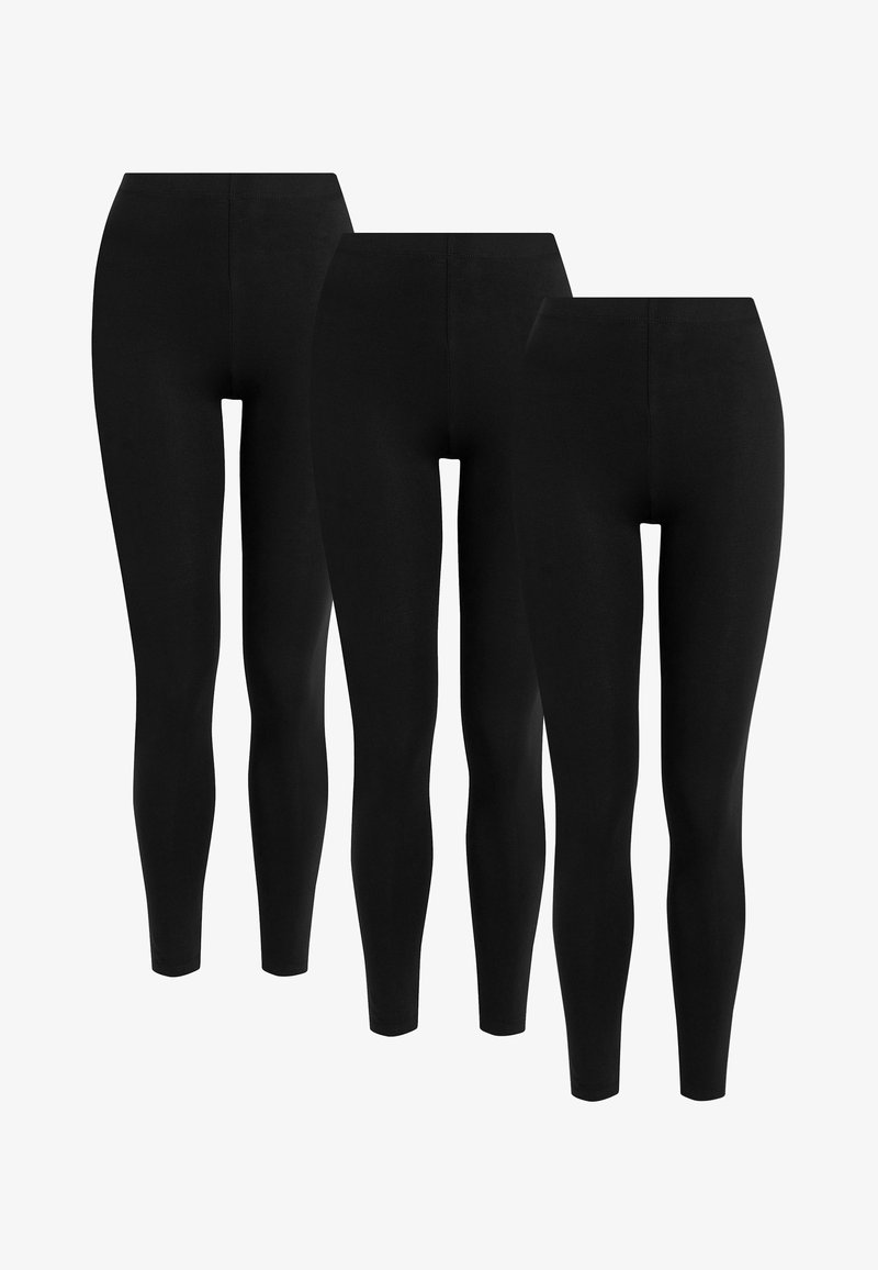 Set di tre leggings neri, realizzati in tessuto elastico. Design aderente con vita alta, texture liscia e senza motivi o dettagli visibili.