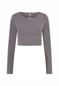 Sivina kratka majica z dolgimi rokavi, okroglim izrezom, narejena iz gladkega materiala, s preprostim, elegantnim dizajnom brez okrasitev.