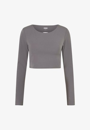 Top court gris avec des manches longues, décolleté rond, en tissu lisse, présentant un design simple et épuré sans embellissements.