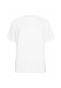 T-shirt blanc uni à manches courtes et col rond avec une coupe décontractée, présenté sur fond blanc.