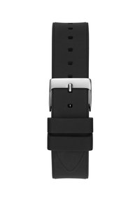 Čierny silikónový remienok na hodinky so striebornou kovovou sponou. Obsahuje viacero nastavovacích otvorov a hladký, matný povrch.