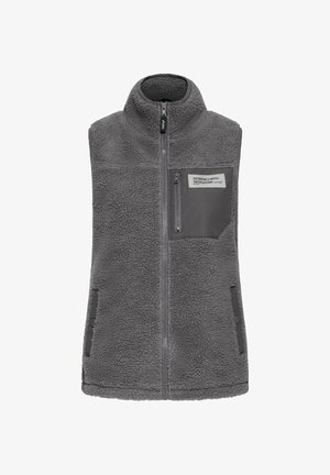 Pelēka bezpiedurknu vilnas veste ar augstu apkakli, pilna priekšpuses rāvējslēdzēja, rāvējslēdzēja krūšu kabatu un divām sānu kabatām ar pogām.