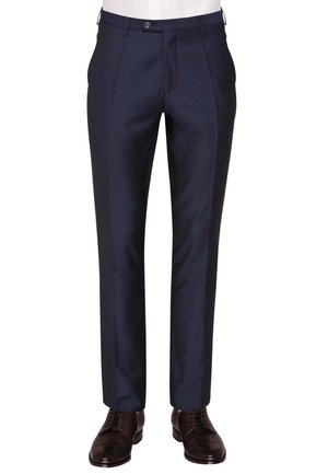 Marineblaue, maßgeschneiderte Hose mit subtilen sechseckigen Mustern, flachem Bund und geradem Bein. Aus glattem Stoff gefertigt; mit Knopfverschluss.