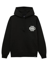 Sweat à capuche noir avec poche avant et logo blanc formé de lettres entrelacées sur le côté gauche de la poitrine, doté de cordons de serrage et de poignets et ourlet côtelés.