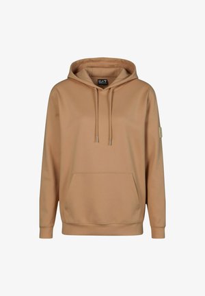 Felpa beige con cappuccio, tasca frontale, coulisse sul cappuccio, polsini a costine e una piccola toppa sulla manica sinistra.