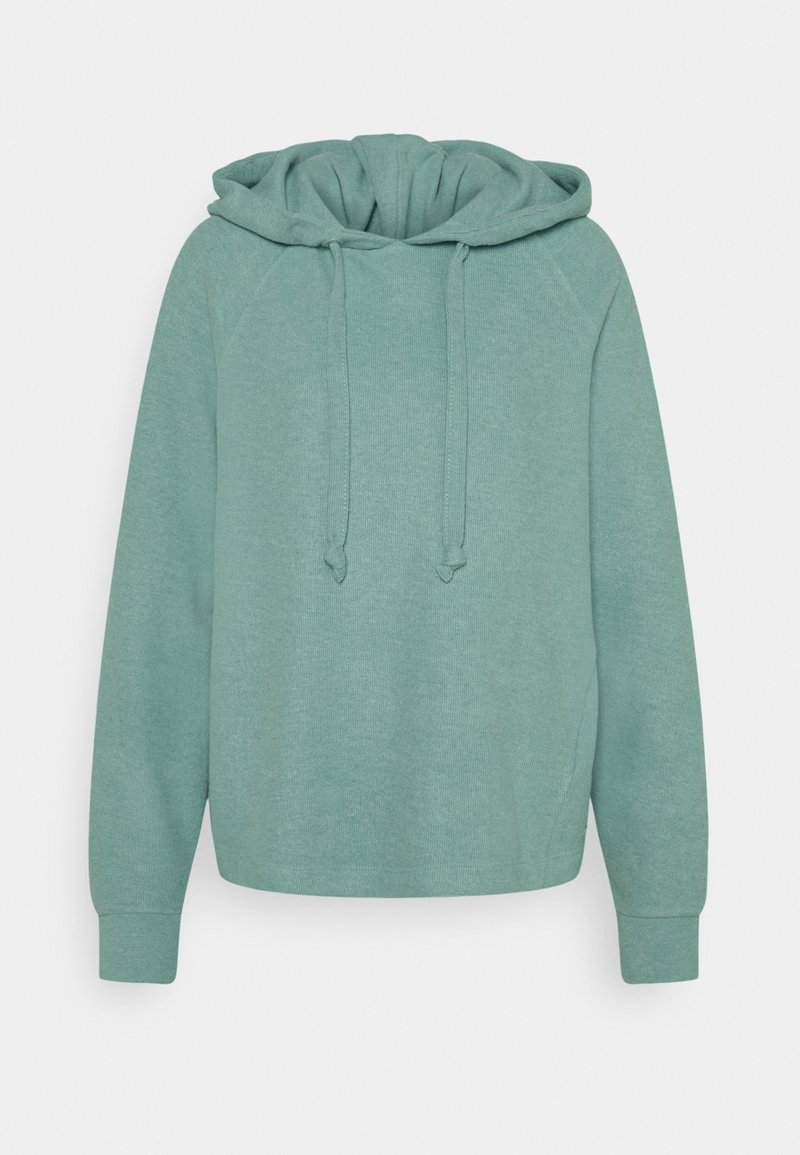 Sweat à capuche vert doux, manches longues, cordons à l'avant et poignets côtelés, présenté sur un fond clair uni.