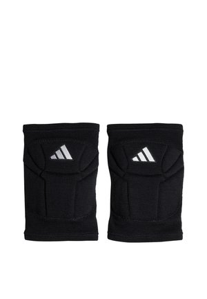 Par de rodilleras negras acolchadas con logotipo blanco de Adidas en la parte delantera, diseñadas para protección y soporte deportivo.