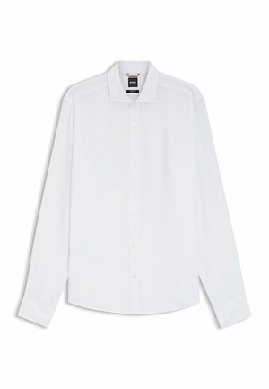 Weißes Langarmhemd mit durchgehendem Knopfverschluss, Haifischkragen und BOSS Markenetikett im Nacken.