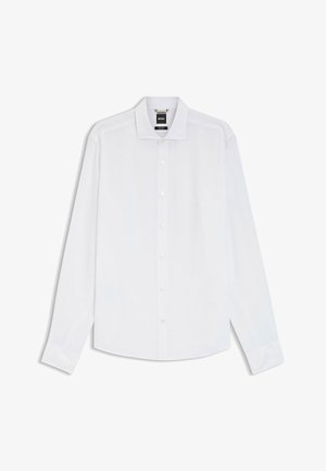 Camicia da uomo bianca a maniche lunghe con chiusura frontale a bottoni, collo a punta e etichetta del marchio BOSS all'interno del collo.