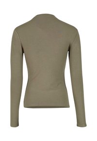 Koszula z długim rękawem w oliwkowym kolorze, dopasowany fason, okrągły dekolt, miękka bawełniana tkanina, gładka tekstura i obszyte krawędzie. Wyświetlony widok z tyłu.