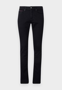 Jeans de mezclilla negros con un ajuste slim, que cuentan con un diseño estándar de cinco bolsillos y cierre de botón metálico. Textura lisa sin patrones.