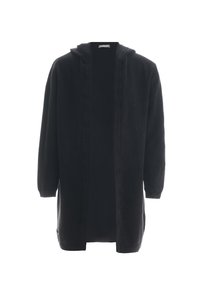 Long cardigan noir en maille, ouvert sur le devant, avec capuche et poignets côtelés, présenté sur un fond blanc uni.